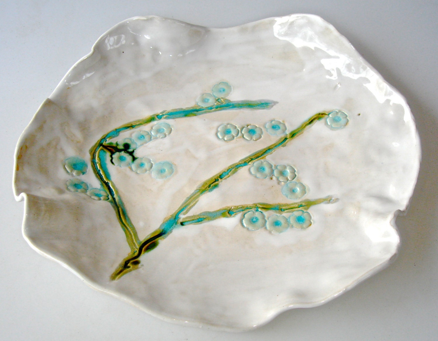 Ceramic Platter with Spring Blossoms in aqua, turquoise and white
