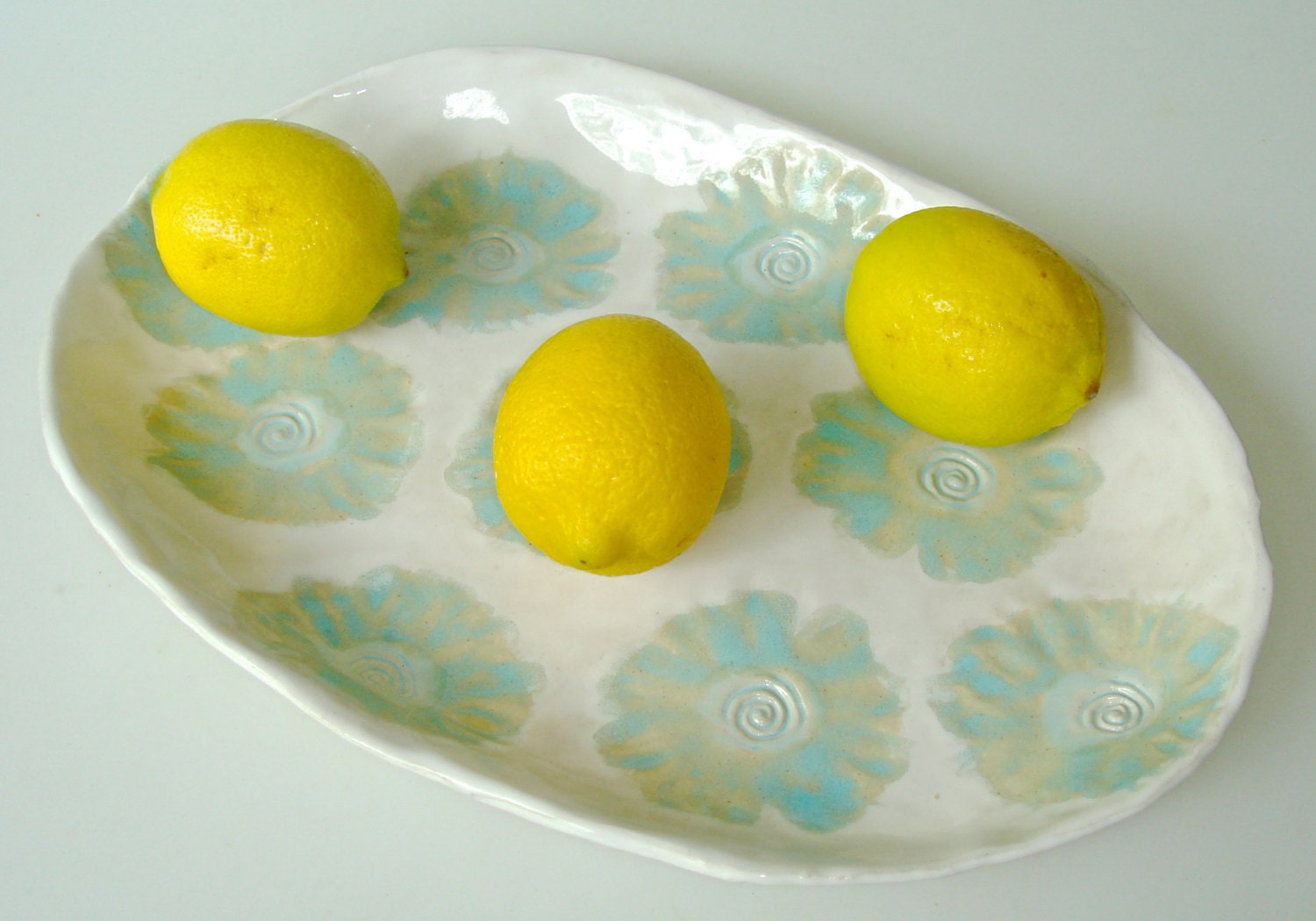 Flower platter, hand painted ceramic serving platter, kiwi and turquoise