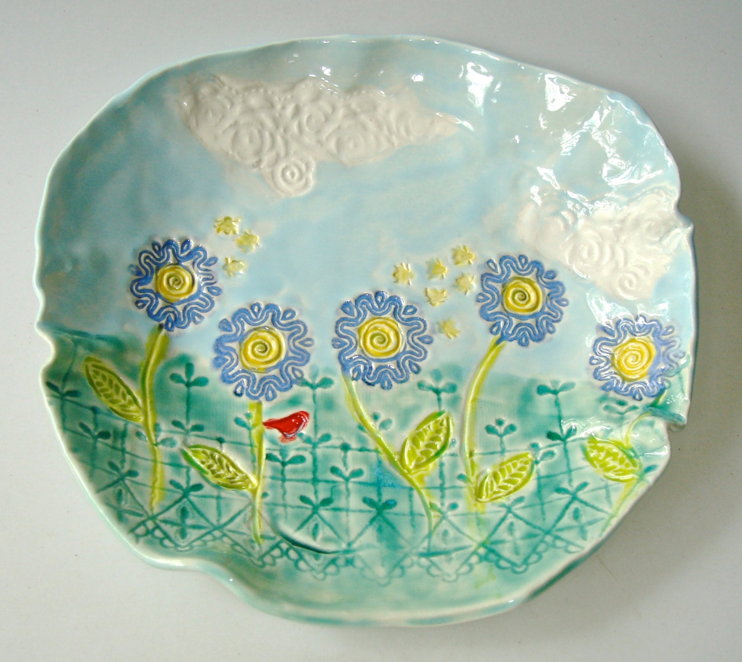 Ceramic Platter, Hand Painted Flower Platter, floral design, blue and yellow, Decorative platter, country scene