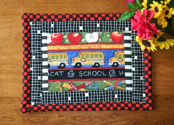 School Bus quilted mug rug, snack mat, desk accessory, table quilt desk quilt.