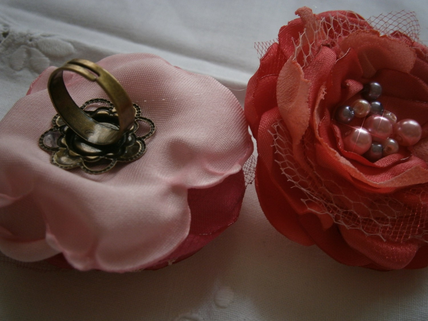 Pink and peach flower rings-Adjustable rings - Flower rings - fabric  flower rings