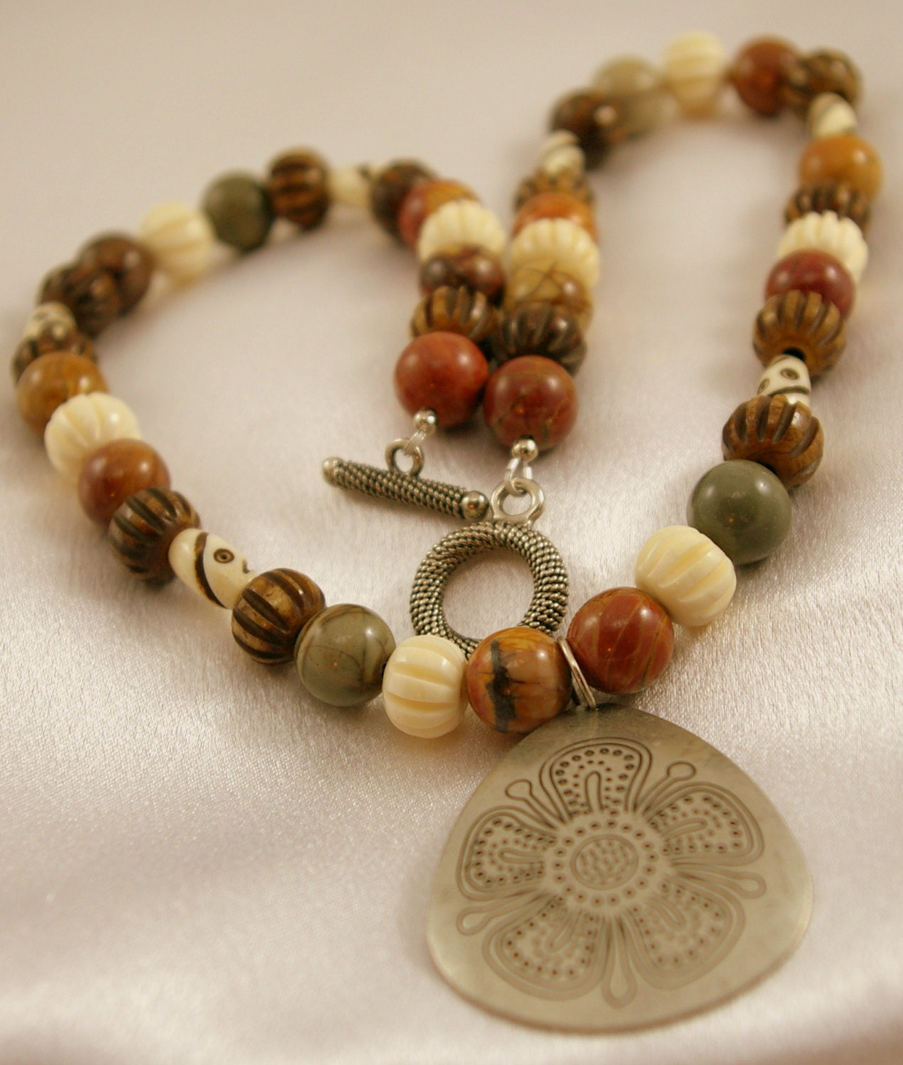 Red Creek Jasper and Carved Bone Necklace with Antiqued Silver Pendant.  Winter Necklace.  Day to Night.