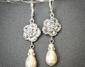 BRANDICE, White or Ivory Pearl and Rhinestone Wedding Earrings, Crystal Rose Flower Dangle Bridal Earrings, Statement Wedding Jewelry