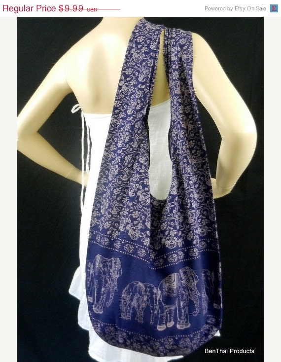 ON SALE Elephant Bag Purse Hippie Hobo Monk Buddha Sling Crossbody Messenger XL four Colors Available / Blu