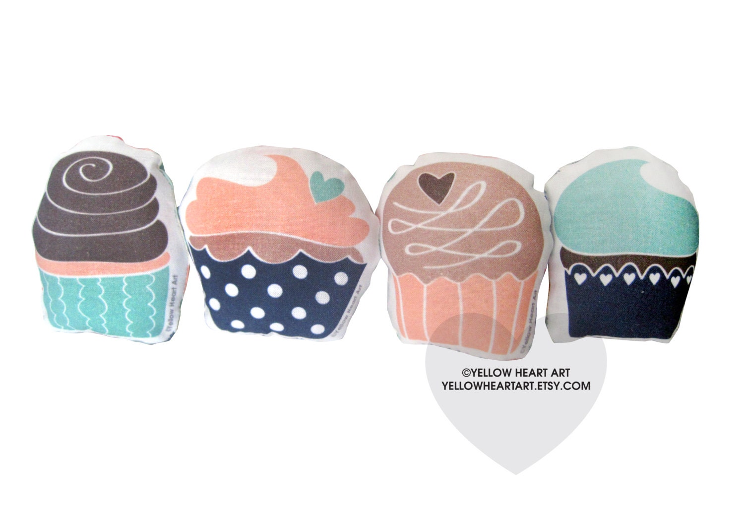 Cupcake Plush Set in Mint, Brown, Coral and Navy by Yellow Heart ARt
