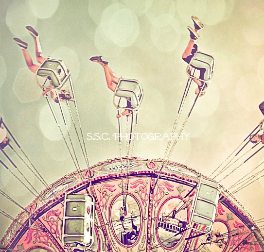 Carnival Photo. Swings. Pink. pale green. Nursery decor.  dreamy. whimsical art. girly. santa cruz beach boardwalk. happy art. cute