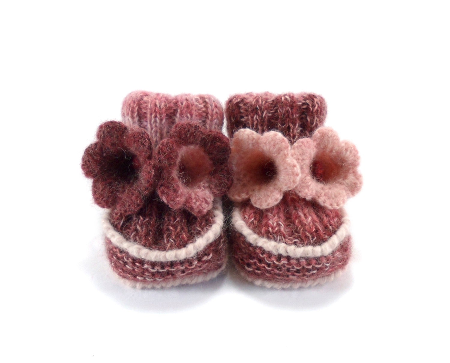 Baby Booties - Hand Knitted with Crochet Bell Flowers - Pink and Red, 0 - 6 months
