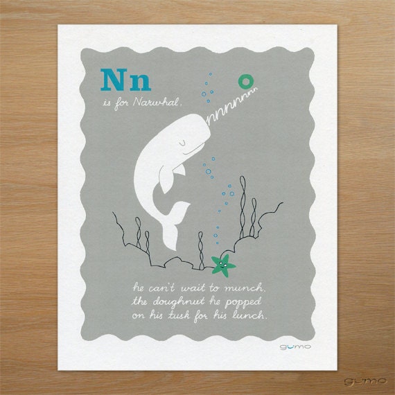 Children's Art Print, Sea Animals, Narwhal, Alphabet ABC Print in Blue