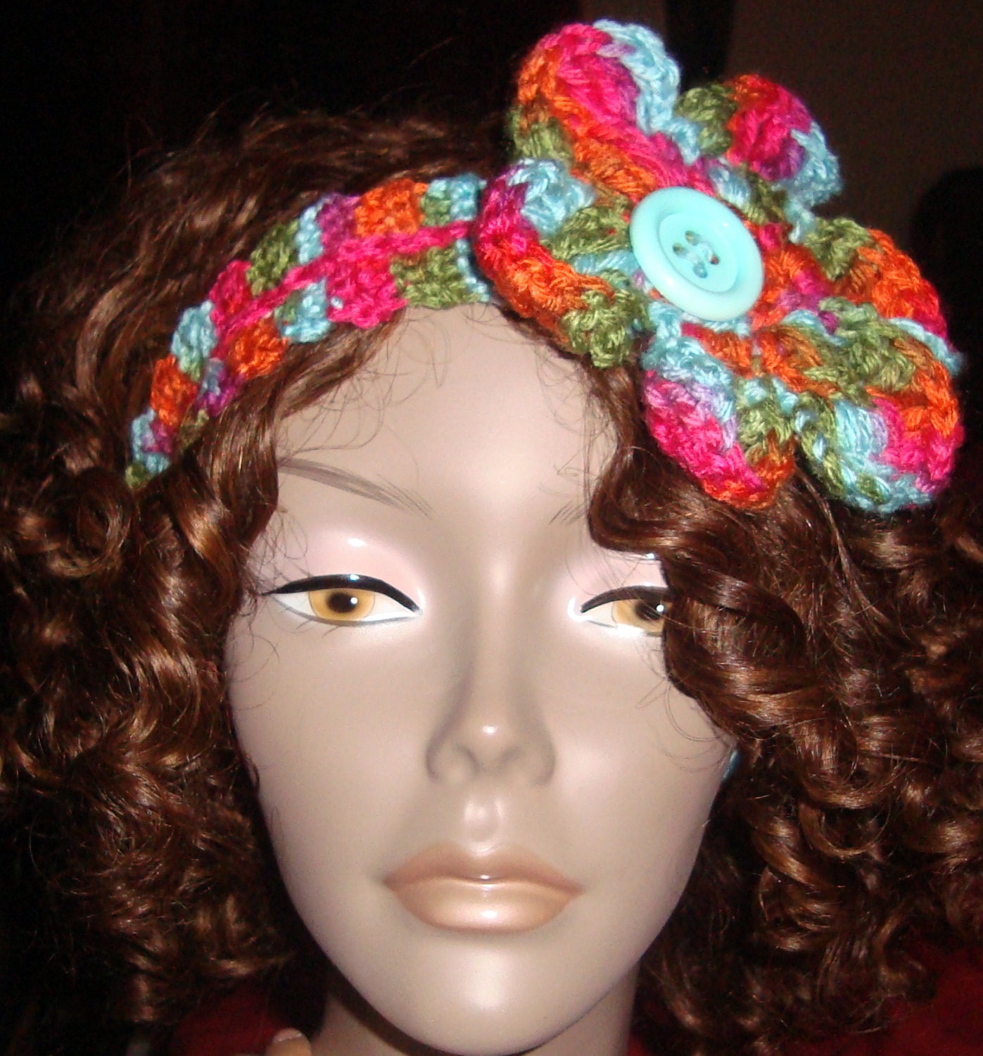 multicolor large flower crochet headband with button