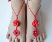 Red Sexy crocheted barefoot sandals  steampunk, victorian lace, sexy, yoga, anklet ,wedding, beach or pool party- Ready to Ship