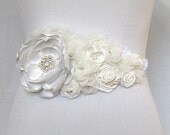 Bridal Sash in White for Wedding, Bridesmaid, Formal occasion with Handmade Flowers in Satin, Chiffon, Lace, Swarovski Crystals