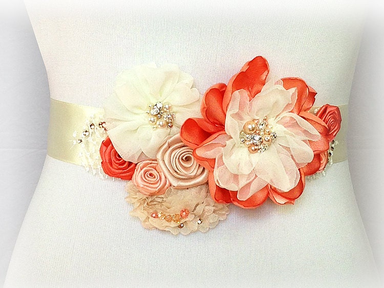 Bridal Sash - Peach Ivory Coral Champagne Sash for wedding, Bridesmaid, Formal occasion or an Event