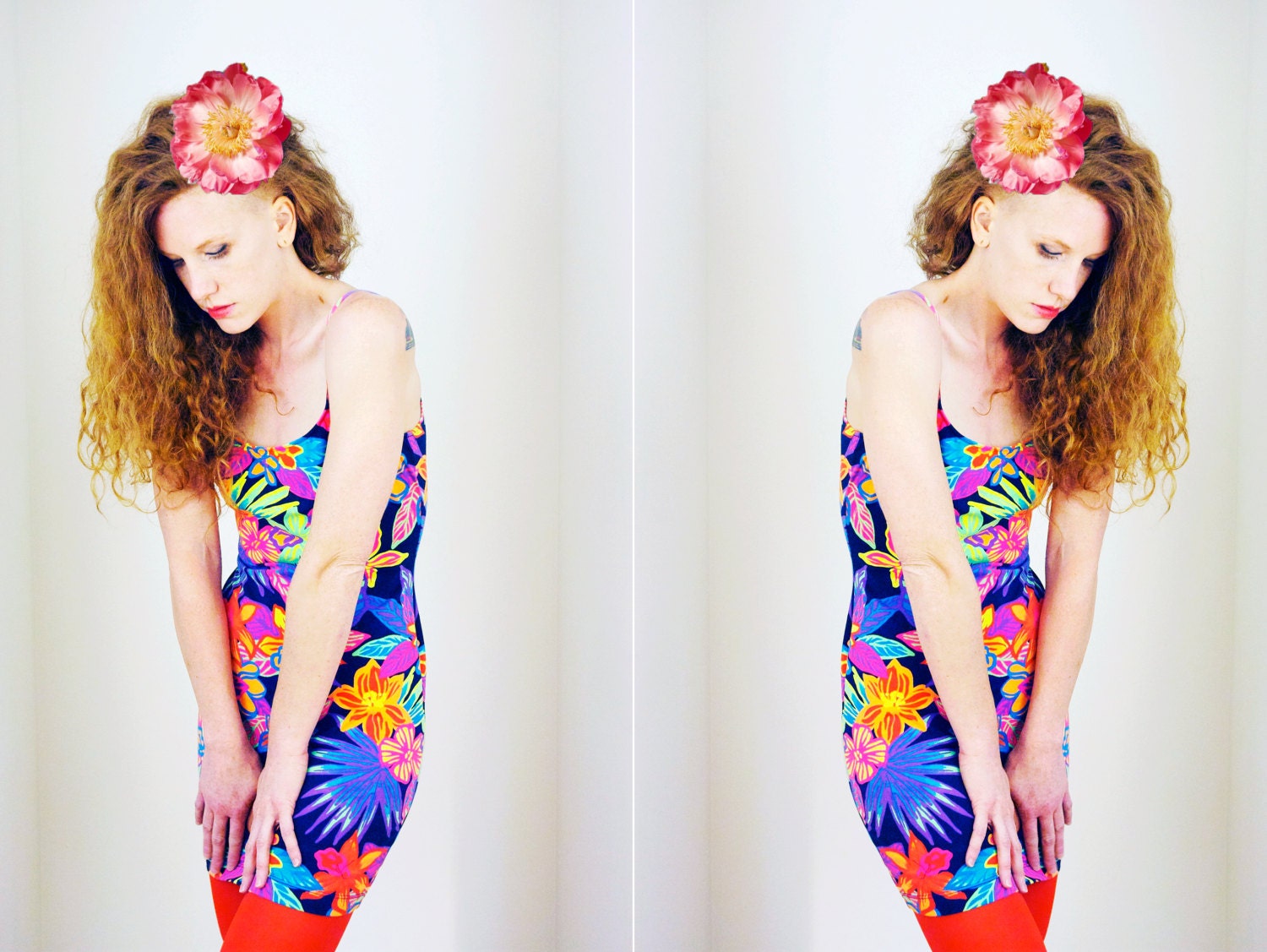 Vtg 90s Neon Tropical Print Body Con Mini Dress S/M