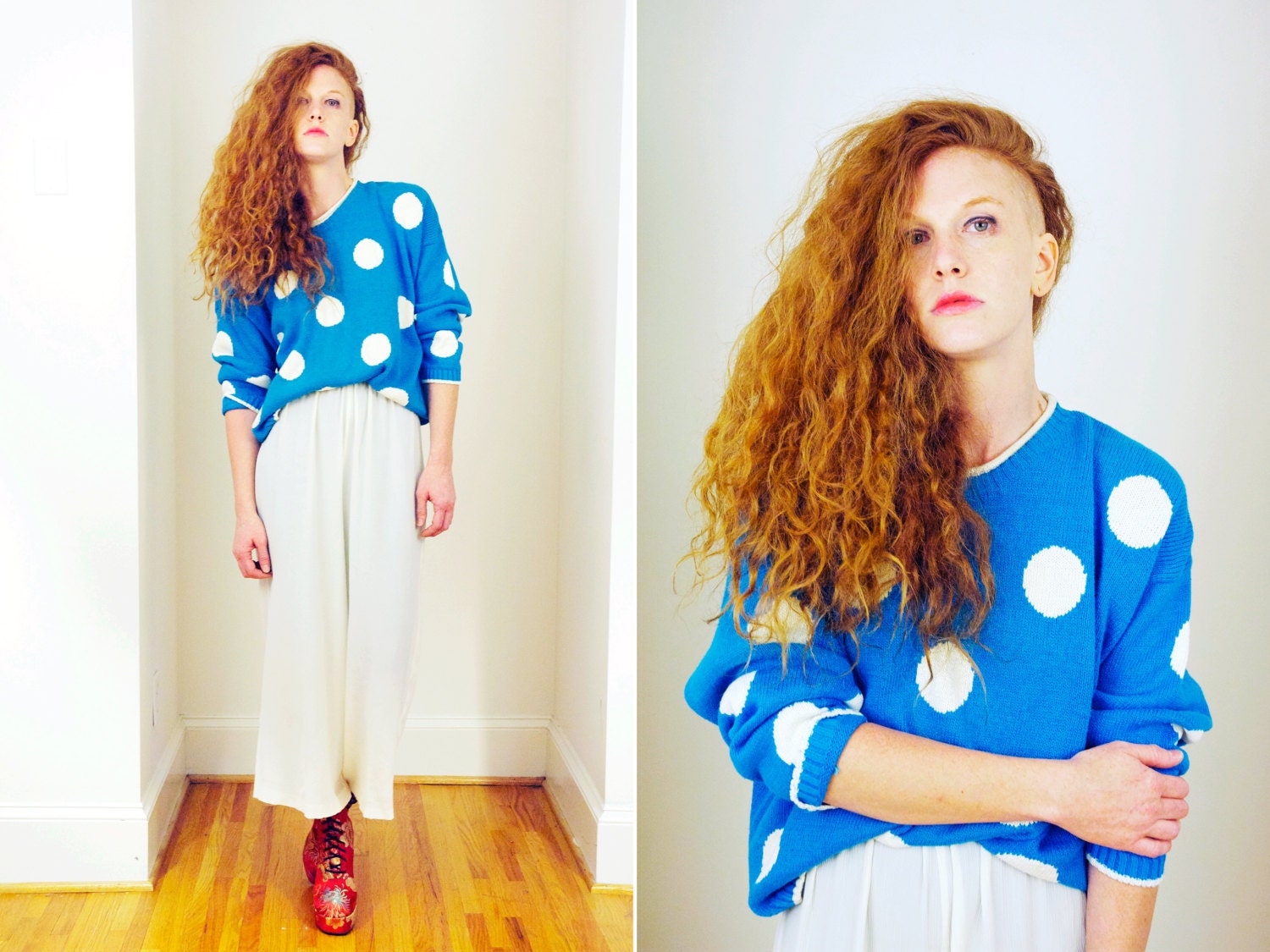 Vtg 80s Blue & White Boxy Polka Dot Sweater M/L/OS