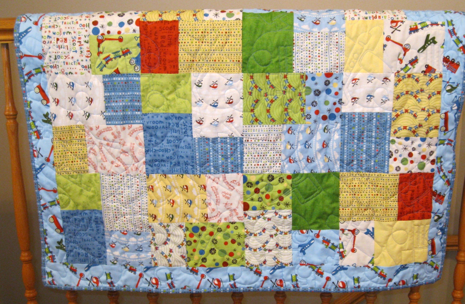 Sale Riley Blake Scoot--Airplane, Trains and Toys-- Baby or Toddler Boy Quilt--38" x 47"