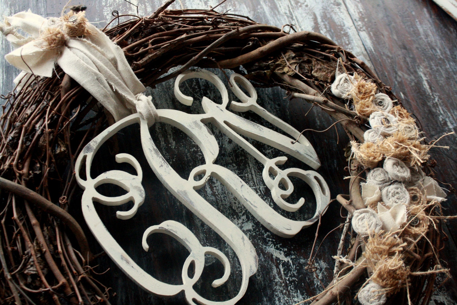 18" burlap and linen grapevine wreath distressed MONOGRAM Romantic farmstyle wedding