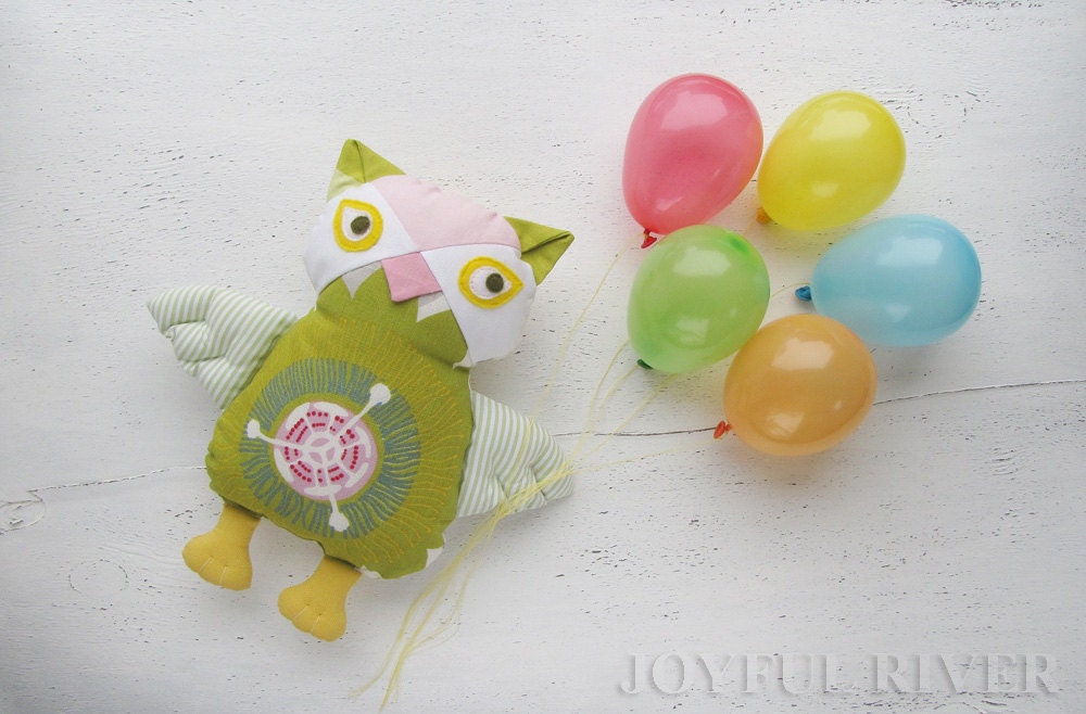 Stuffed toy Joyful Owl -  Spring Owl softie  handmade by Joyful River - READY TO SHIP