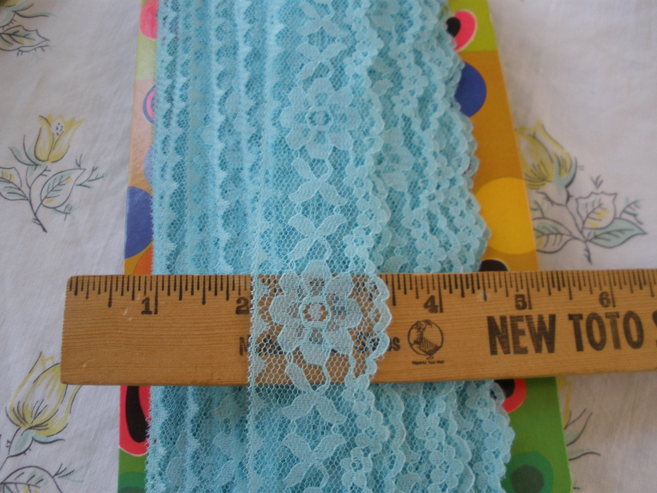 Cool Vintage Lace Trims - Aqua Blue Floral 20 yards 1 1/2" wide lace scalloped edges slip lace wide edging bulk lot