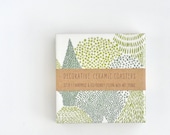 Evergreen Forest Ceramic Tile Coasters Emerald Green Abstract Japanese, set of 4