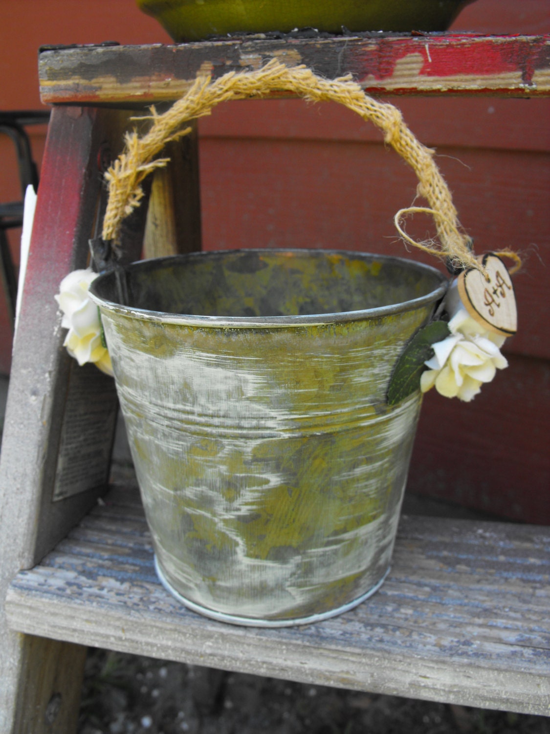 Flower Girl Basket Alternative Distressed Personalized Tin Bucket Rustic Woodland Outdoor Country Chic Wedding