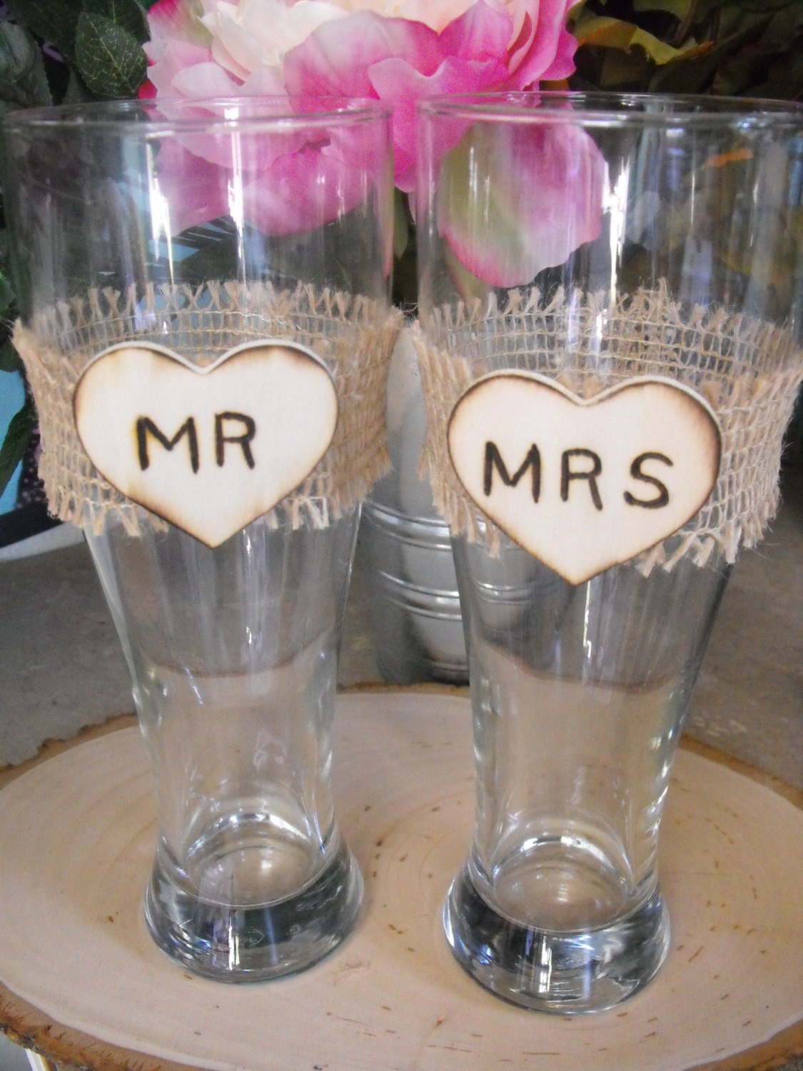 Country Chic Rustic Wedding Mr And Mrs Personalized Toasting Pilsner Glasses