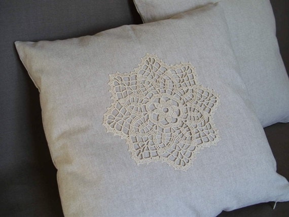 Home Decor Cotton - Linen 17x17 Pillow Cover Crochet Appliqued Sofa Pillowcase