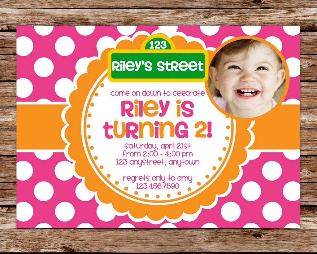 Custom Printable Pink & Orange Polka Dot Elmo Inspired Birthday Invitation with photo