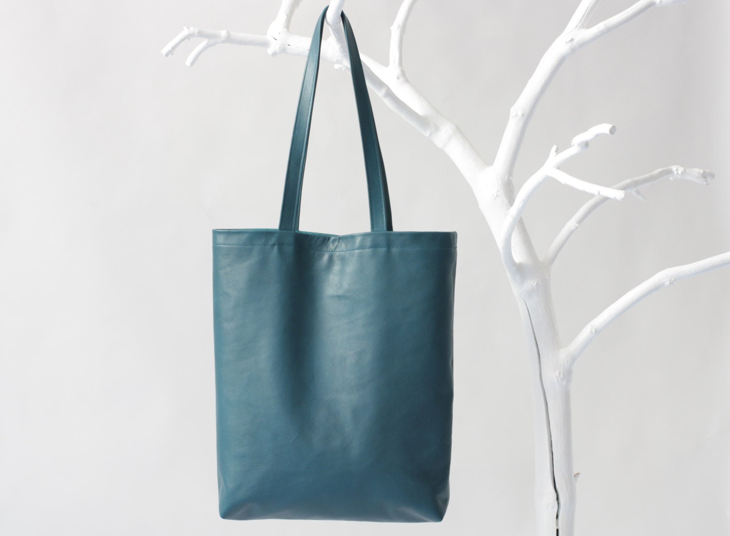 Genuine Leather Tote in Teal with Emerald Green lining, removable leather key strap, laptop bag, leather shopper, leather handbag