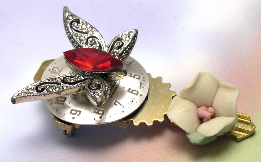 Red Butterfly Brooch, butterfly brooch, butterflies, pin, key, vintage jewelry, watch clock face, watch gear, steampunk butterfly