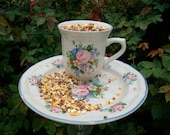 Garden Art Bird Feeder, Recycled China Teacup Cottage Garden Sit on a Pole Bird Feeder