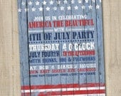 Rustic Vintage Red, White and Blue Printable Fourth of July Invitation on Wood style background