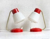 1960s Pair of Table Lamps. White Lampshades, Red and Golden Details