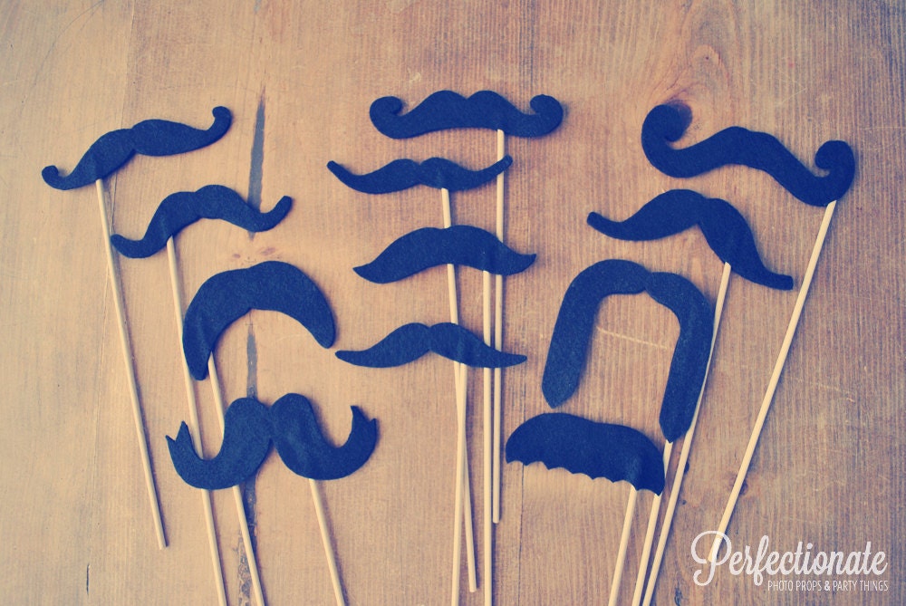 Set of 12 Felt // Mustaches on Sticks // Double-Layered Wedding Photo Props // Wedding Photo Booth Props // Assorted Props