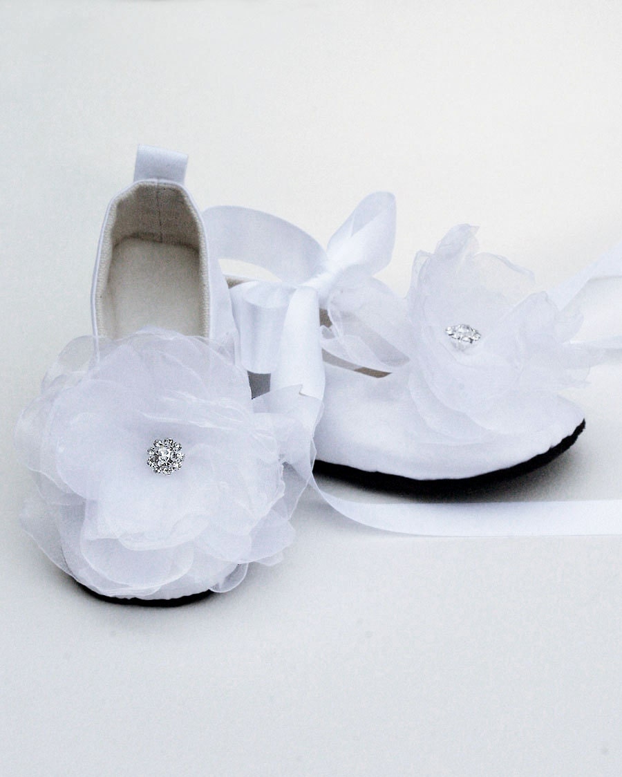 Baby Ballet Slippers - White Silk with Organza Flower and Rhinestones - Sizes 1-5 & Toddler Shoe Sizes too - Baby Souls  Baby Shoes
