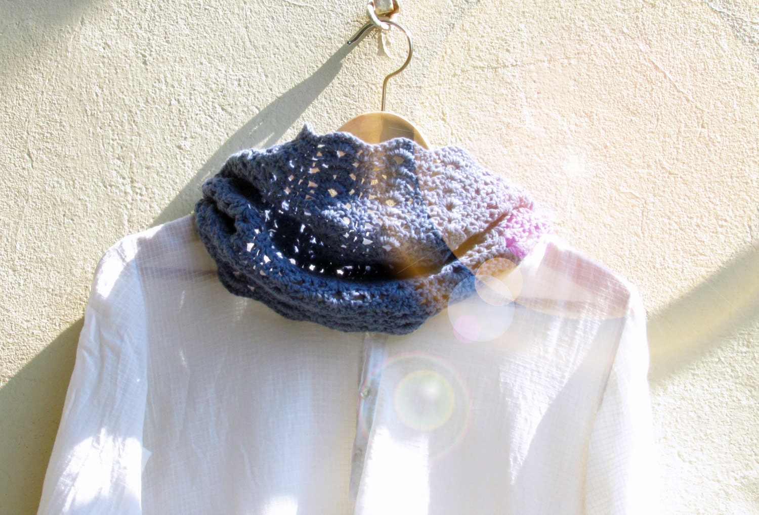 Denim infinity scarf - Knitted vegan cowl - Cotton lace romantic accent femenine
