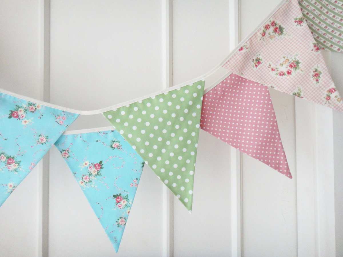 Shabby Chic Fabric Banners, Bunting, Garland, Wedding Bunting, Pennants, Flags, Green, Pink, Blue - 3 yards (3rd version)