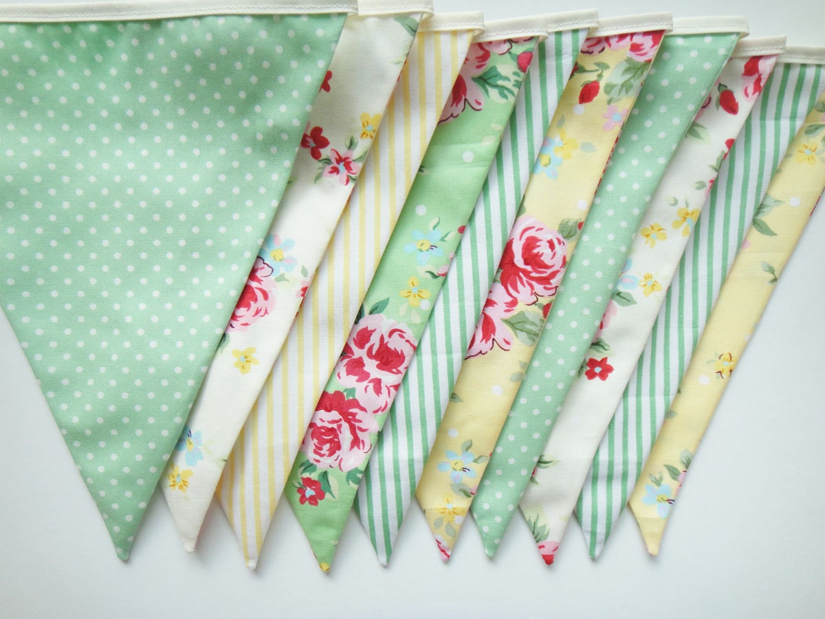 Spring Time Bunting, Fabric Banners, Wedding Bunting, Floral, Roses, Polka Dots, Pastel Yellow and Green Shade - 3 yards