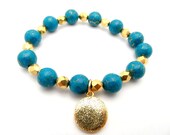 Gemstone Bracelet, Charm Bracelet, Stretch Bracelet, Gold Bracelet, Blue Bracelet, Pyrite Gemstone, Beaded Bracelet