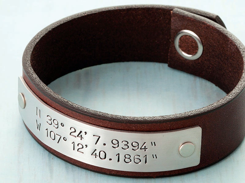 Latitude Longitude Bracelet - Personalized Leather Bracelet - GPS Coordinates Location Bracelet