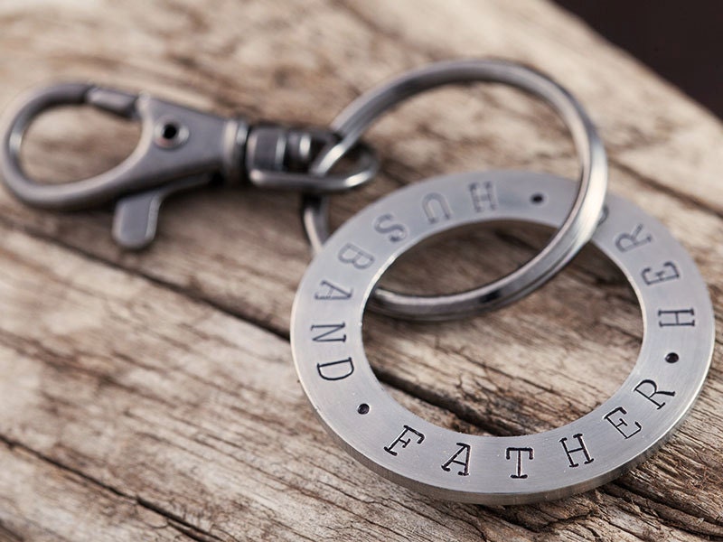 Mens Key Chain - Hand Stamped Stainless Steel Key Ring - Husband.Father. Hero
