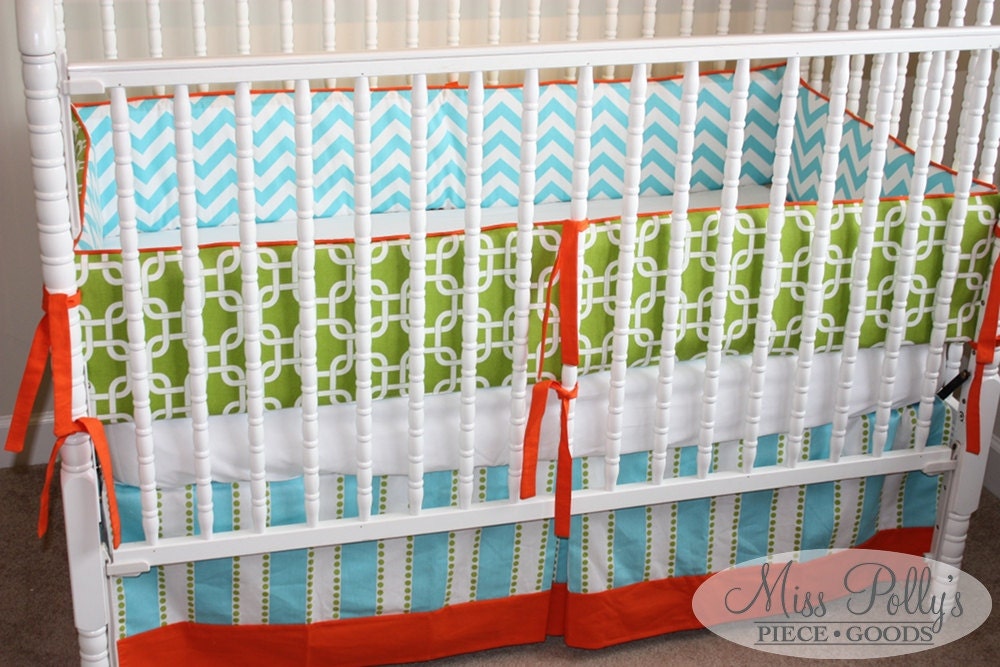Crib Bedding- Design Your Own Crib Set- Linked- green, aqua and orange