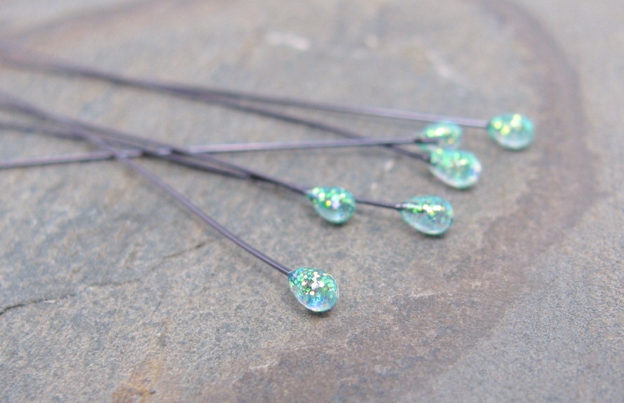 2" Head Pins Teal Ocean Green JellyPins qty 6  bead wire