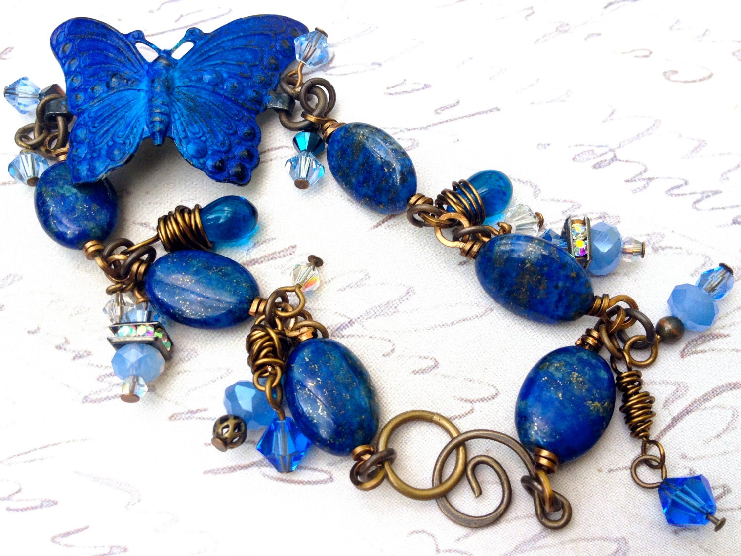 Blue Butterfly and Lapis Lazuli Handmade Vintaj Bracelet B502