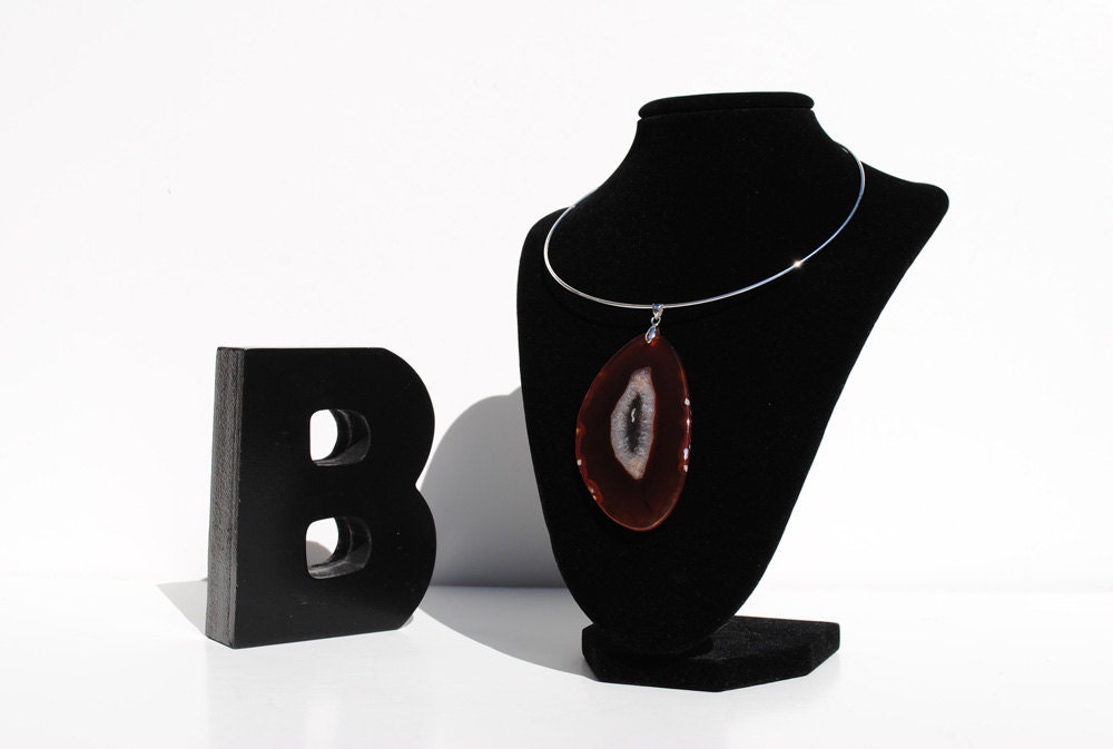 Silver Necklace with Amber Color Geode Oval Pendant