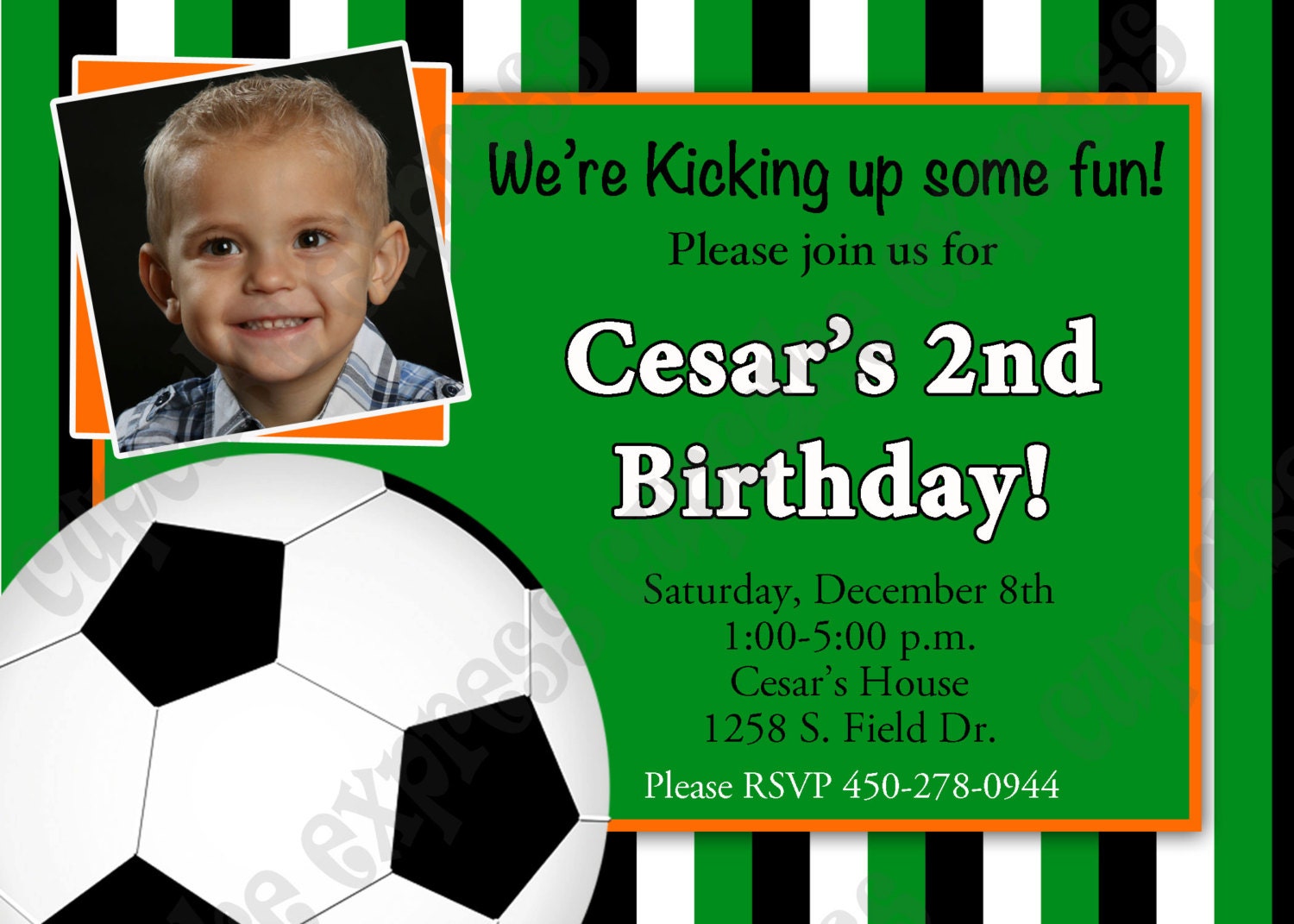 DIY SOCCER Birthday Party PRINTABLE Photo Invitation 5x7 green orange -Cupcake express ball Il_570xn