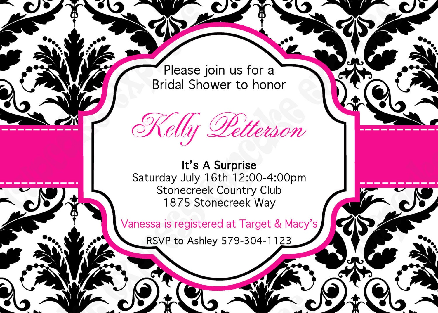 DIY Bridal Shower damask black white hot pink border Invitation 5x7 baby shower wedding Il_570xn