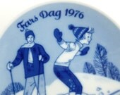 Fathers Day Plate by Porsgrund Porcelain Norway Norwegian 1976 Collectible Dish Father and Child Skiing
