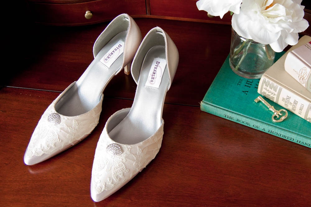 SALE Vintage lace wedding shoes d'orsay heel embellished with vintage lace from a handkerchief and a crystal brooch