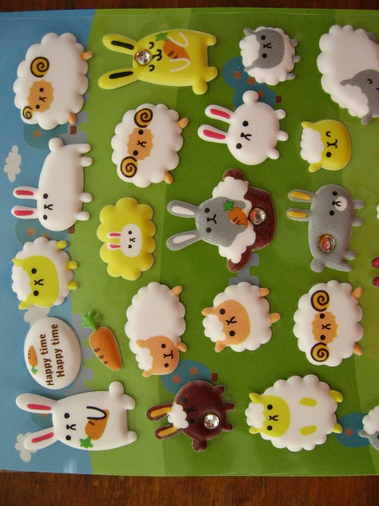 Kawaii Rhinestones Puffy Stickers - Sheep and Bunnies