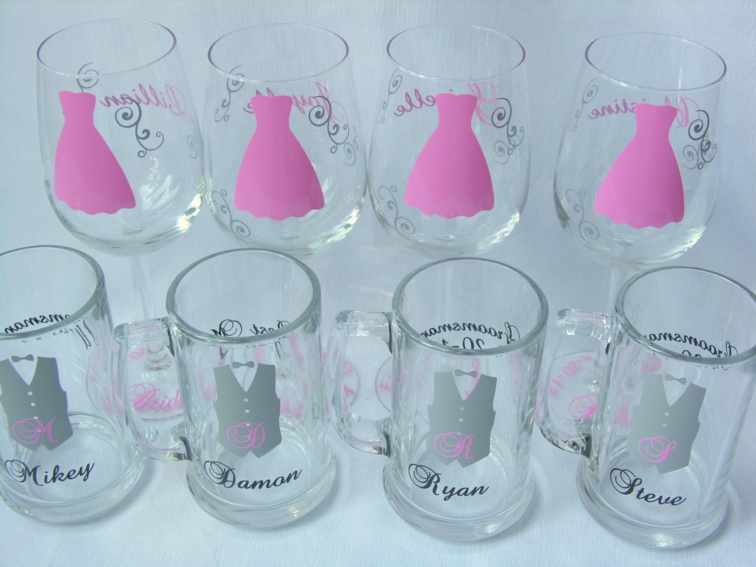Wedding party glasses, wine glasses and beer mug.  Bridesmaids and Groomsman gifts.  Light pink dress and Groomsmen vest glasses. 1 glass